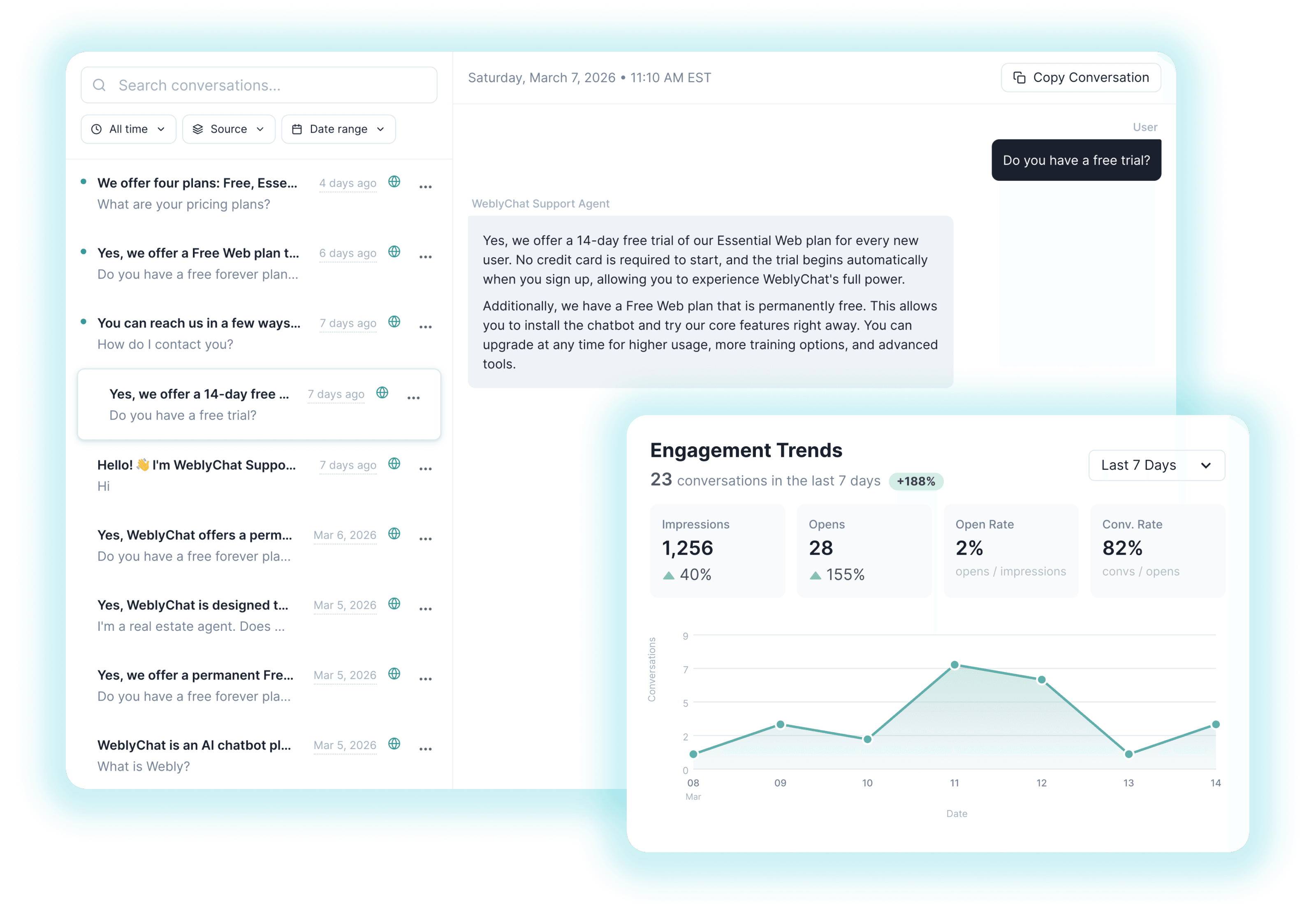 WeblyChat Lead Generation chatbot showing see exactly what your visitors are asking
