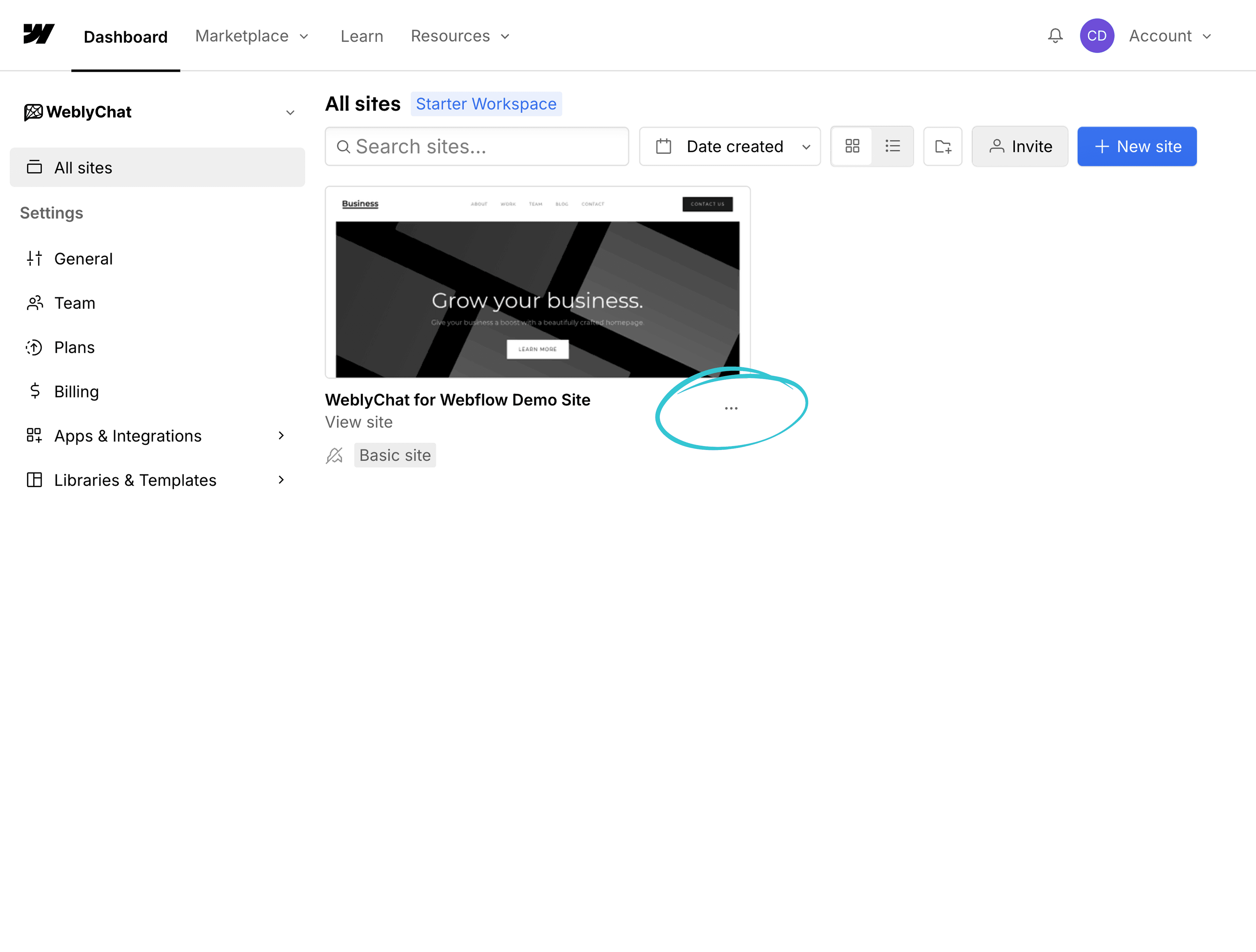 Webflow dashboard showing the three-dot actions menu on a site card