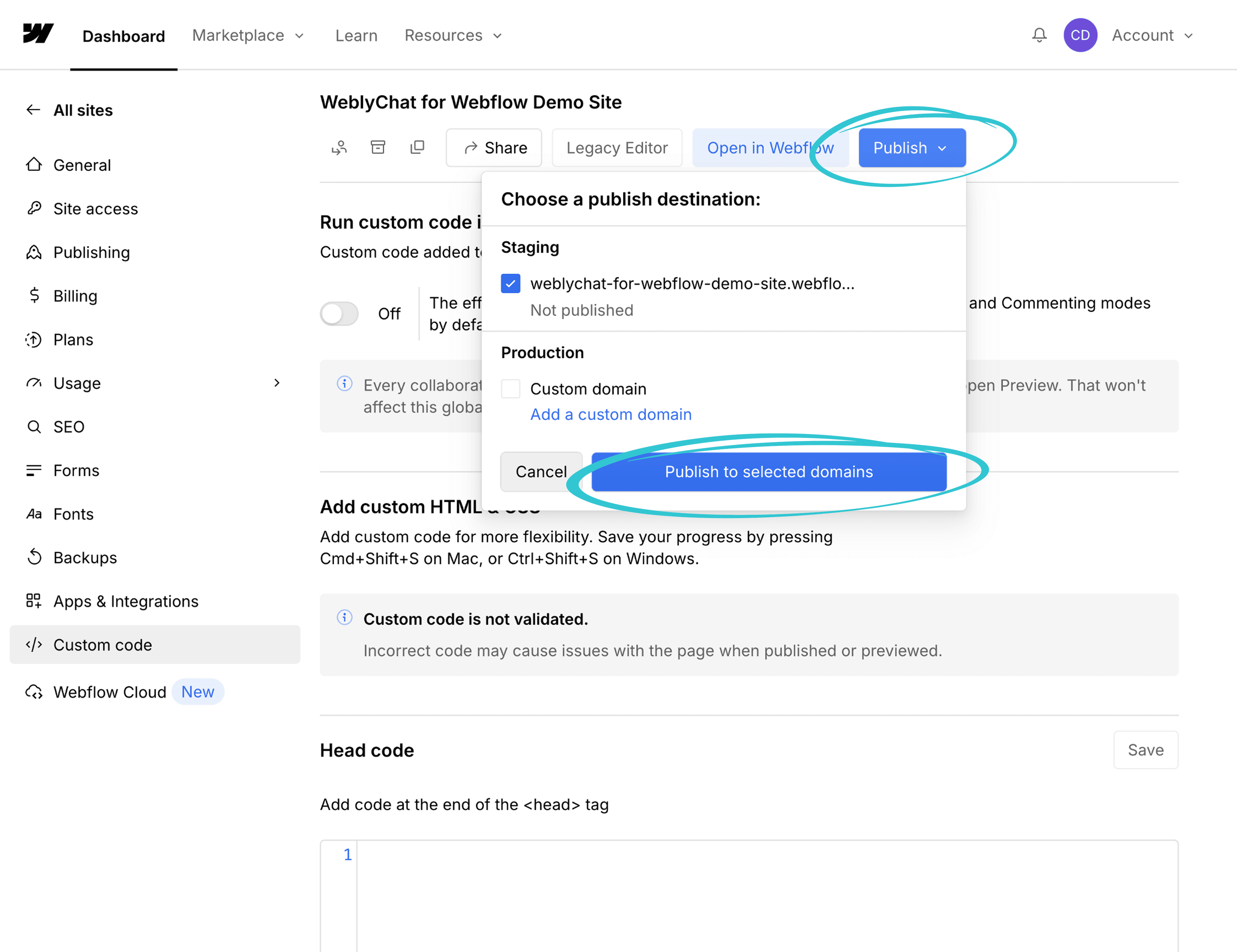 Webflow publish dialog showing domain options